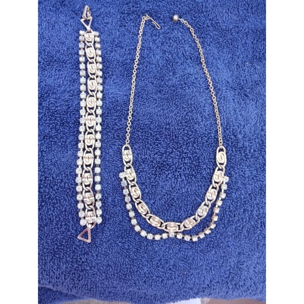 Vintage Jewelry Set Gold Plated Rhinestone Multi Strand Necklace Bracelet